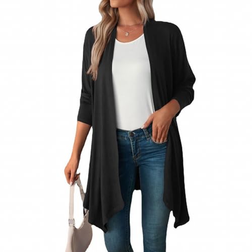 MSIYOW Damen Cardigan Lang Jacke Leicht Sommerjacke Langarm Elastische Cardigan Elegant (XL, Schwarz) von MSIYOW