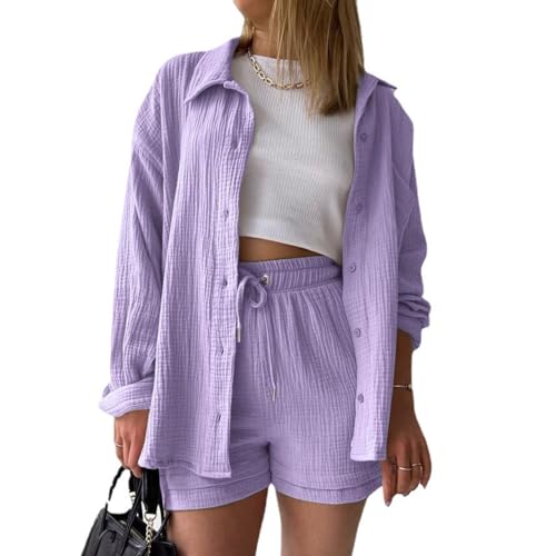 MSIYOW Damen Zweiteiler Sommer Musselin Bluse Hemd und Hosen Shorts Loungewear Damen Set Travel Outfit Elegant (L, Hellviolett) von MSIYOW