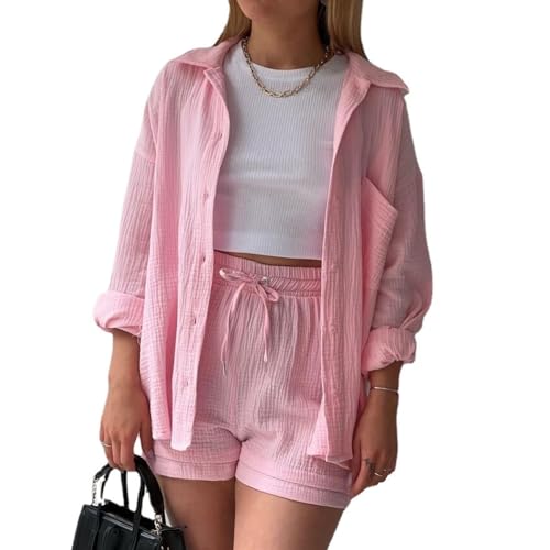 MSIYOW Damen Zweiteiler Sommer Musselin Bluse Hemd und Hosen Shorts Loungewear Damen Set Travel Outfit Elegant (S, Z Hellrosa) von MSIYOW