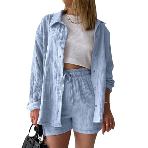 MSIYOW Damen Zweiteiler Sommer Musselin Bluse Hemd und Hosen Shorts Loungewear Damen Set Travel Outfit Elegant (XL, Hellblau) von MSIYOW
