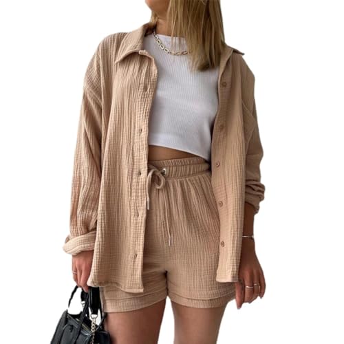 MSIYOW Damen Zweiteiler Sommer Musselin Bluse Hemd und Hosen Shorts Loungewear Damen Set Travel Outfit Elegant (XL, Khaki) von MSIYOW