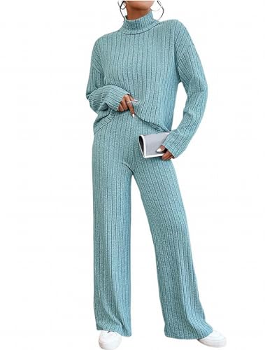 MSIYOW Damen Zweiteiler Strickanzug Top und Hosen Langarm Gerippter Strickpullover Lange Schlaghose Sportanzug Casual Set für Freizeitoutfits (L, B Hellblau) von MSIYOW