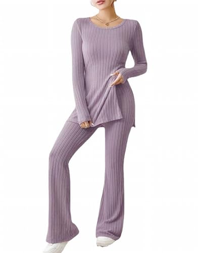 MSIYOW Damen Zweiteiler Strickanzug Top und Hosen Langarm Gerippter Strickpullover Lange Schlaghose Sportanzug Casual Set für Freizeitoutfits (M, C Hellviolett) von MSIYOW