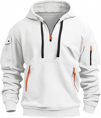 MSIYOW Herren Kapuzenpullover Pullover mit Reißverschluss Hoodie Winter Sweatjacke Herren mit Kapuze Tasche(2XL, Weiß) von MSIYOW