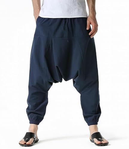 MSIYOW Herren Leinenhose Lang Herren Sommerhose Baggy Pants mit Taschen Freizeithose Yoga Hose(M, Navyblau) von MSIYOW