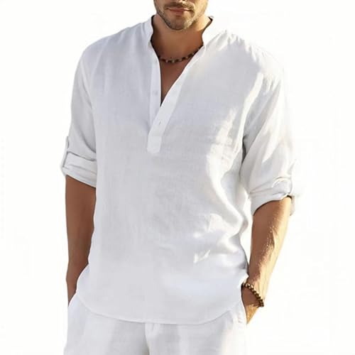 MSIYOW Leinenhemd Herren Langarm Sommerhemd Herren Hemden Freizeithemden für Men Regular Fit Shirts(2XL, 1 Weiß) von MSIYOW