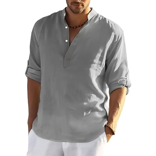 MSIYOW Leinenhemd Herren Langarm Sommerhemd Herren Hemden Freizeithemden für Men Regular Fit Shirts(2XL, Grau) von MSIYOW