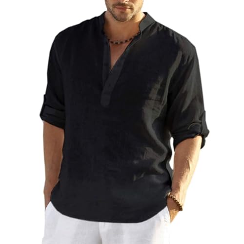 MSIYOW Leinenhemd Herren Langarm Sommerhemd Herren Hemden Freizeithemden für Men Regular Fit Shirts(3XL, Schwarz) von MSIYOW