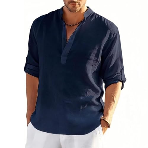 MSIYOW Leinenhemd Herren Langarm Sommerhemd Herren Hemden Freizeithemden für Men Regular Fit Shirts(M, Marineblau) von MSIYOW