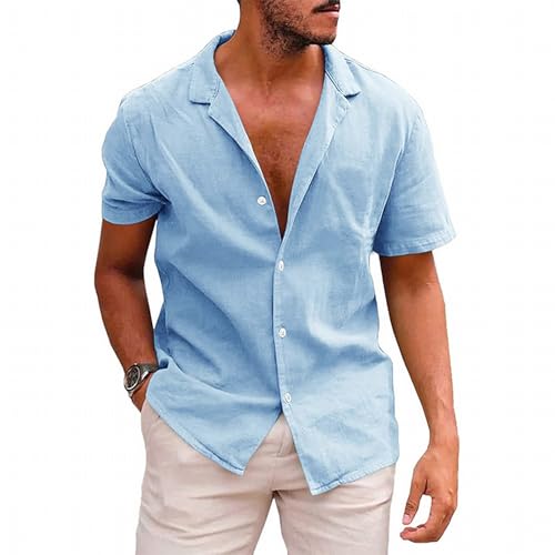 MSIYOW Leinenhemd Kurzarmhemd Herren Shirts Sommer Freizeithemden Regular Fit Leinenshirt Casual Shirt(M, Blau) von MSIYOW
