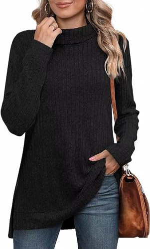 MSIYOW Pullover Damen Schwarzer Rollkragenpullover Sweater Tunika Langarm Strickpullover Damen Langarmshirt Outwear (L, Schwarz) von MSIYOW