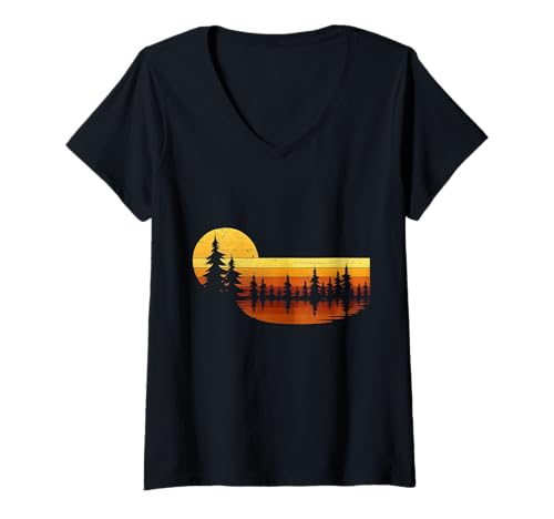 Damen Vintage Sunset ForestTree Silhouette Design gedruckt auf der Vorderseite T-Shirt mit V-Ausschnitt Damen Vintage Sunset ForestTree Silhouette Design gedruckt auf der Vorderseite T-Shirt mit V-Ausschnitt von MSJ World .Co | Camping