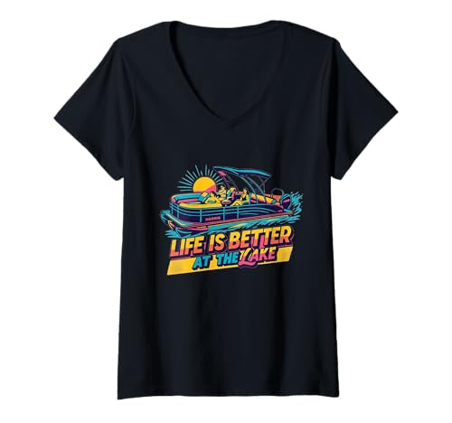 Damen Ponton, Life is Better at The Lake Grafik | Druck auf der Vorderseite T-Shirt mit V-Ausschnitt von MSJ World .Co | Pontoon Life