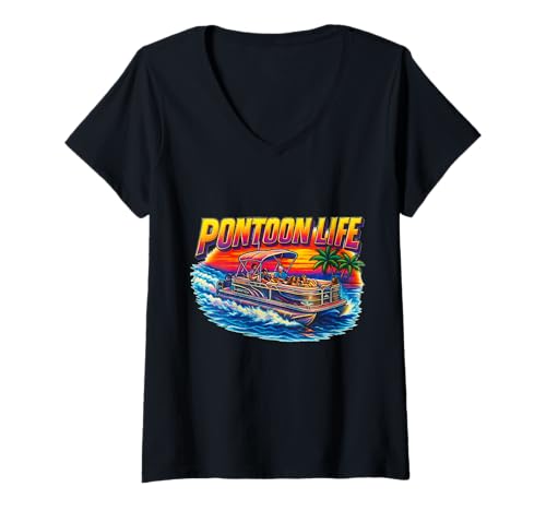 Damen Pontoon Life Retro Sonnenuntergang Party Boot Grafikdruck auf der Vorderseite T-Shirt mit V-Ausschnitt Damen Pontoon Life Retro Sonnenuntergang Party Boot Grafikdruck auf der Vorderseite T-Shirt mit V-Ausschnitt von MSJ World .Co | Pontoon Life