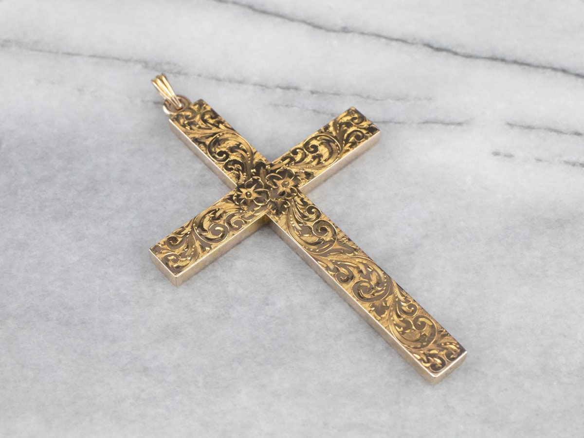 1950Er Gold Kreuz, Großes Vintage Gelbgold Goldkreuz, Religiöses Geschenk, Jahrestag Geschenk 7Lv5Alrm von MSJewelers