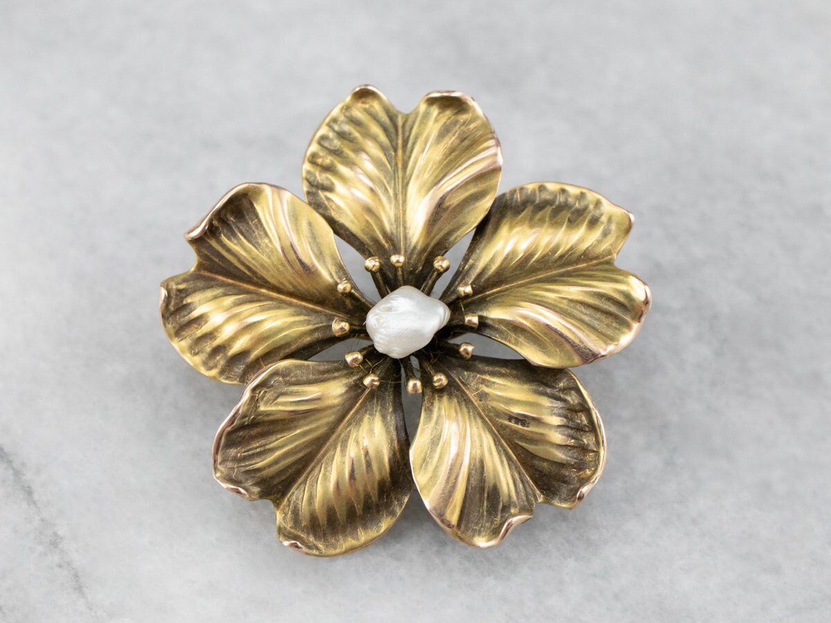 Antik Barock Perlen Blumen Pin Oder Anhänger, Gelbgold Pin, Blüten Layering Nachlass Schmuck Q1Qd311U von MSJewelers