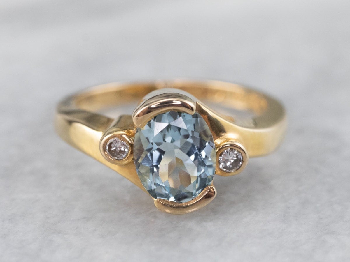 Aquamarin Und Diamant Bypass Ring, Oval Cut Gelbgold Aqua März Geburtsstein, Drei Stein Ring Yn9Fcd8V von MSJewelers