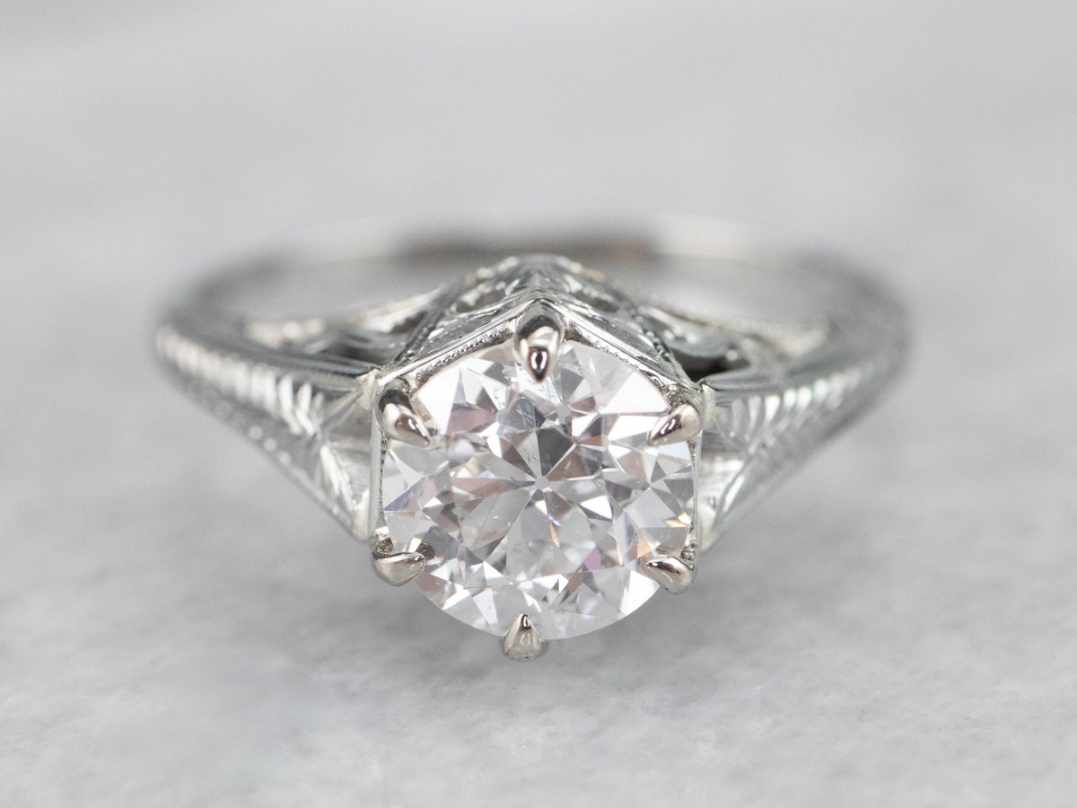 Art Deco Gia Diamant Verlobungsring, Antik Solitär, Weißgold Ring, Rund Brillant Diamant, Nachlass Schmuck A1899 von MSJewelers