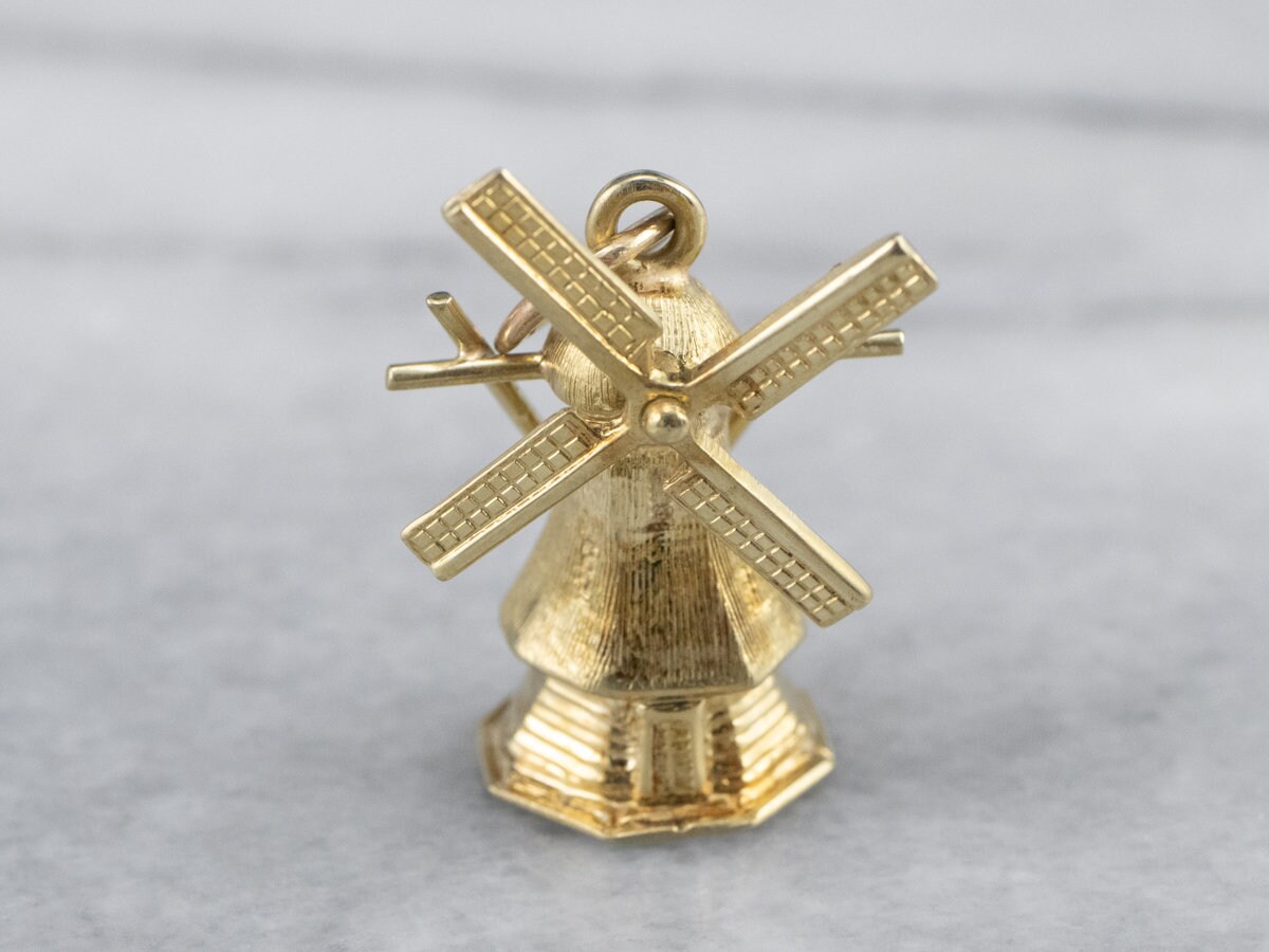 Beweglicher Windmühle Gold Charm, 14K Holland Reise Großer Charm 7Zxvm21M von MSJewelers