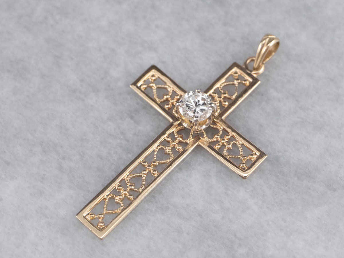 Diamant Filigranes Kreuz, Gelbgold Unisex Großes Goldkreuz, Religiöser Schmuck 5x51Rrza von MSJewelers