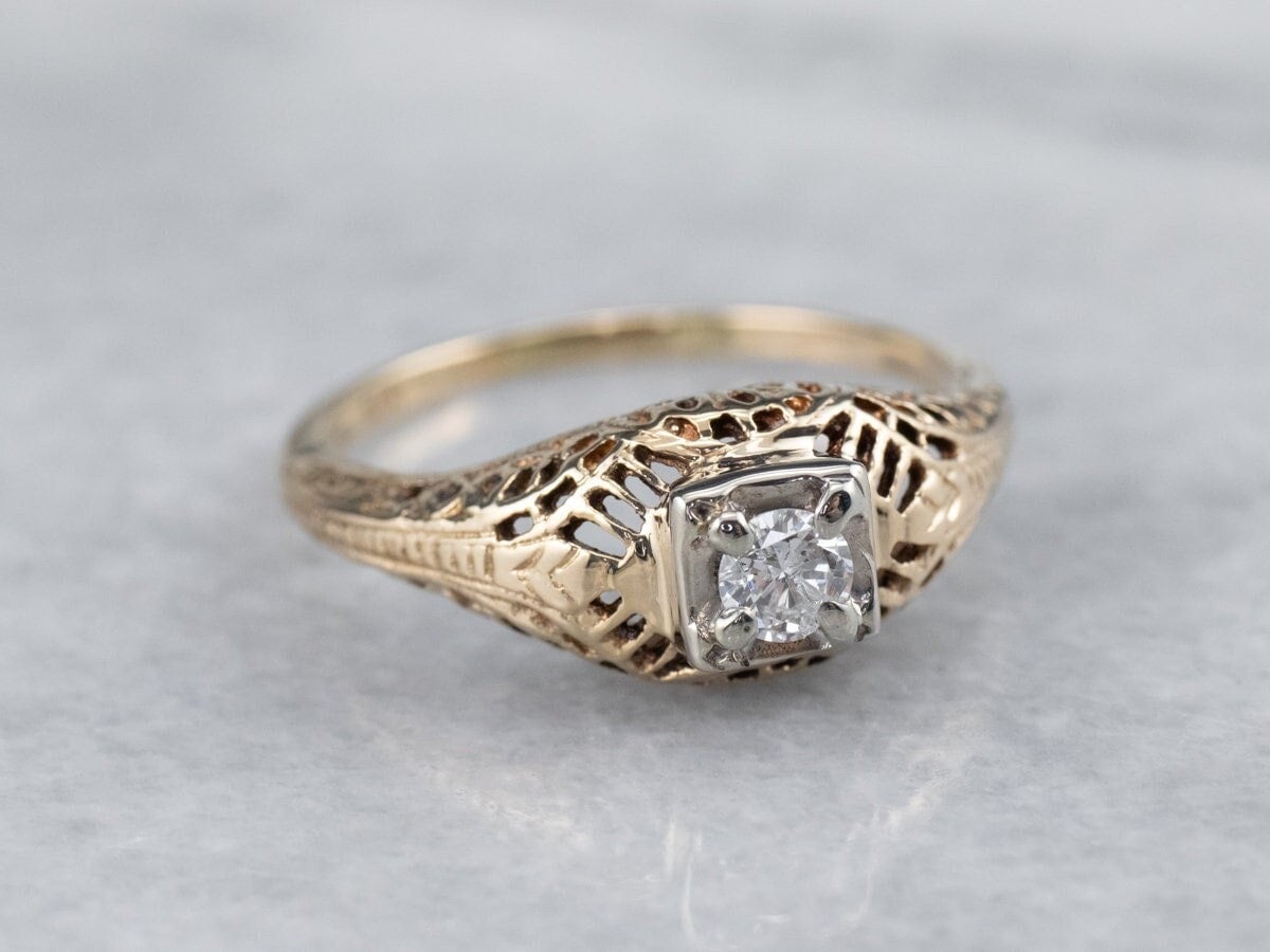 Diamant Solitär Verlobungsring, Gold Filigran Ring, Zweifarbig Gold, Vintage Verlobung, Jubiläum Ring 1Dtp1Cky von MSJewelers