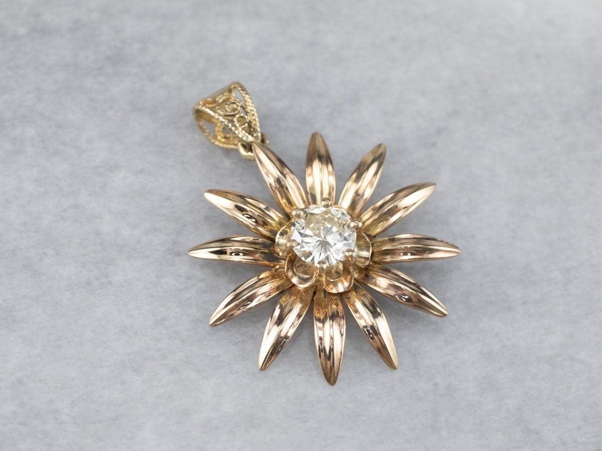 Diamant Sonnenblume Anhänger, Gelbgold Solitär Statement Blumen Schmuck, Geschenke Für Sie Etxmjn3P von MSJewelers