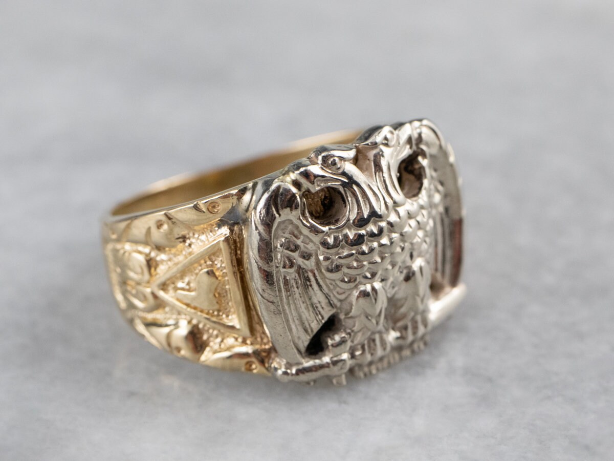 Freimaurer Adler Gold Ring, Brüderlicher Statement Herren Doppelkopf Adler, Vintage Hc7D92W1 von MSJewelers