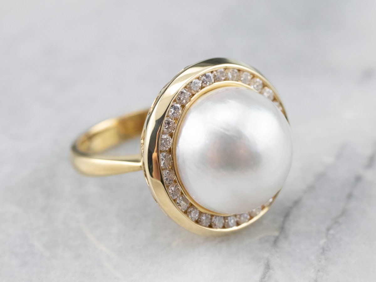 Mabe Perlen Cocktail Ring, Und Diamant Heiligenschein Statement 18K Gold Braut Schmuck, Jubiläums Ring Qf6K3Nlp von MSJewelers