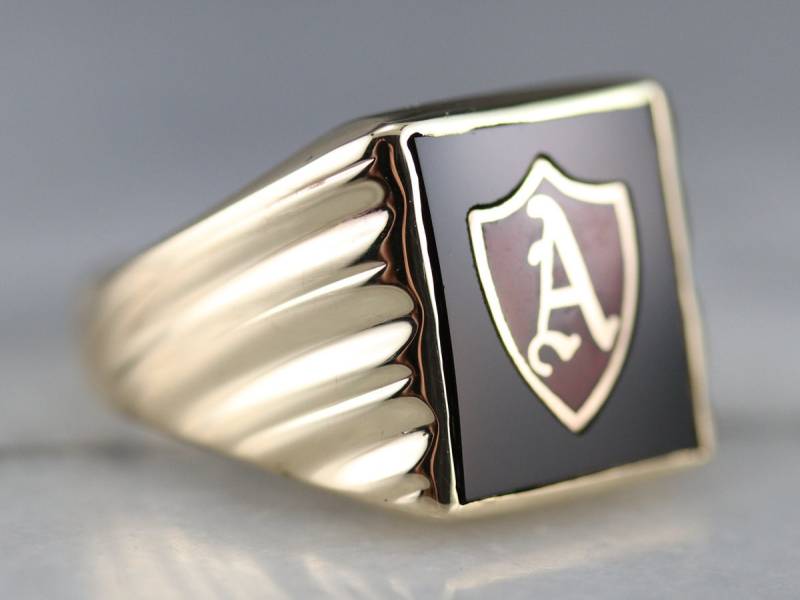 Onyx Und Emaille "A" Initial Ring, Yellow Gold Statement Unisex Signet Right Hand Birthday Gift Ujda9Qy4 von MSJewelers