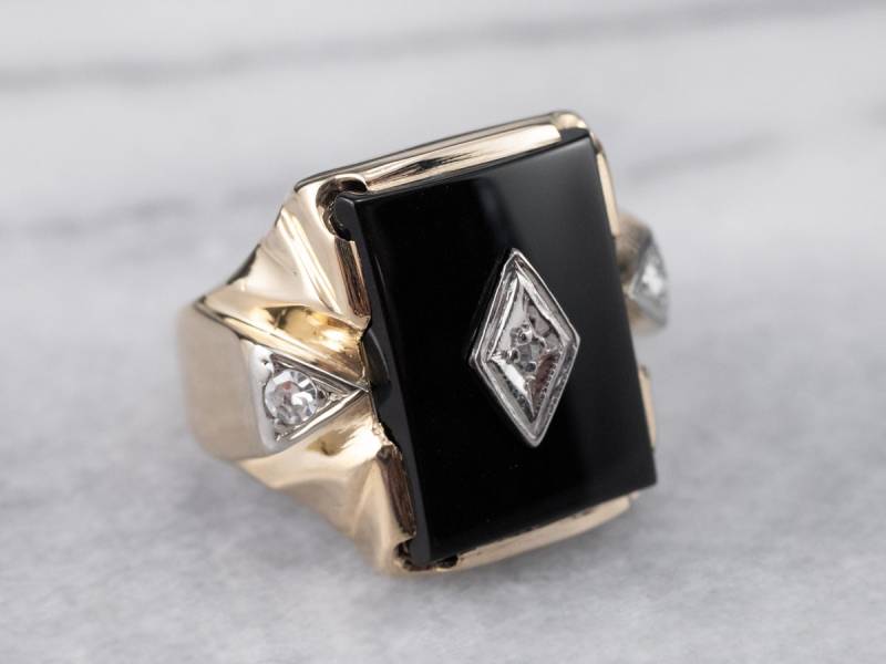 Retro Schwarzer Onyx Gold Ring, Diamant Herren Vintage Statement Geschenk Für Ihn, Mh94Zkpm von MSJewelers