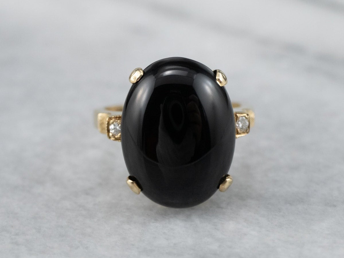 Schwarzer Onyx Diamant Gelbgold Ring, Statement Vintage Dinner Rechter Hand Stein Ring V70Fuxm7 von MSJewelers