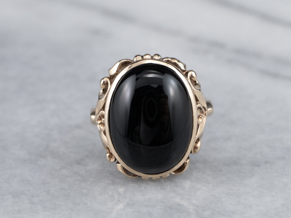 Schwarzer Onyx Ring, Gelbgold Vintage Damen Cabochon Ring Lfdmakpz von MSJewelers