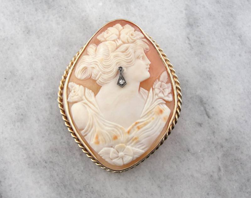Seltene Rautenförmigen Cameo-Schale Mit Diamant-Ohrring, Antik Gold - Zcau0A-N Seltene Rautenförmigen Cameo-Schale Mit Diamant-Ohrring, Antik Gold - Zcau0A-N von MSJewelers