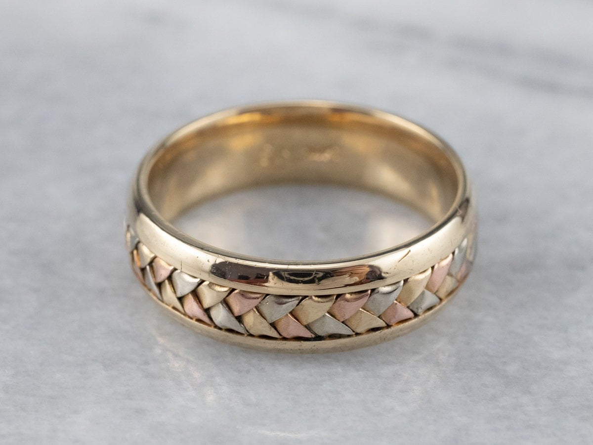 Tri Color Gold Webband, Gemusterter Ring, Ehering, Vintage Band, Geflochtenes Stapelring, Unisex Hochzeitsband 67Z9Krlf von MSJewelers