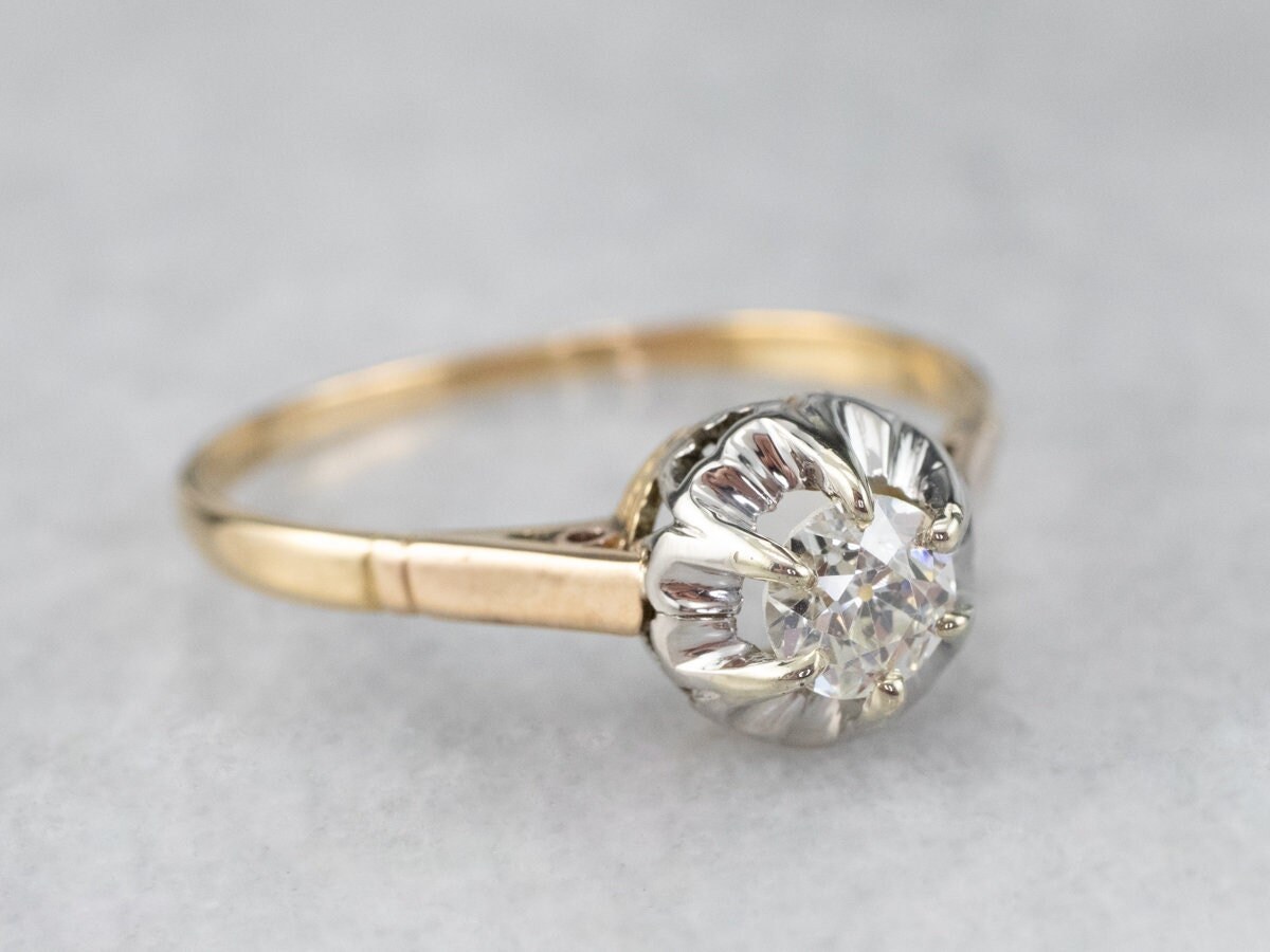 Vintage Alter Minenschliff Diamant Ring, Solitär Verlobungsring, Antikschliff Diamant, 18K Gold Zweifarbiger Ring W86Yfwkd von MSJewelers