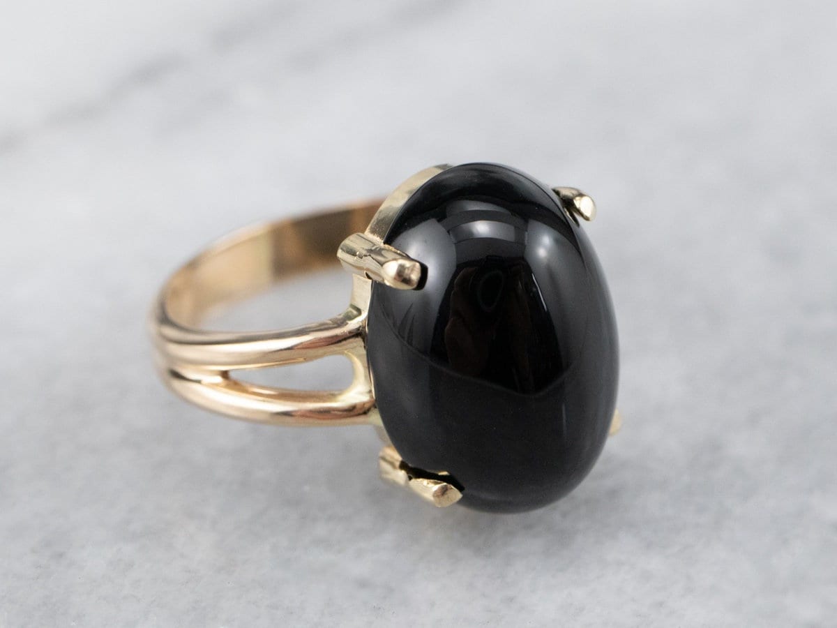 Vintage Gold Schwarzer Onyx Ring, Damen Gelbgold Schmuck, Solitär Stein Ring Xkdwl1En von MSJewelers