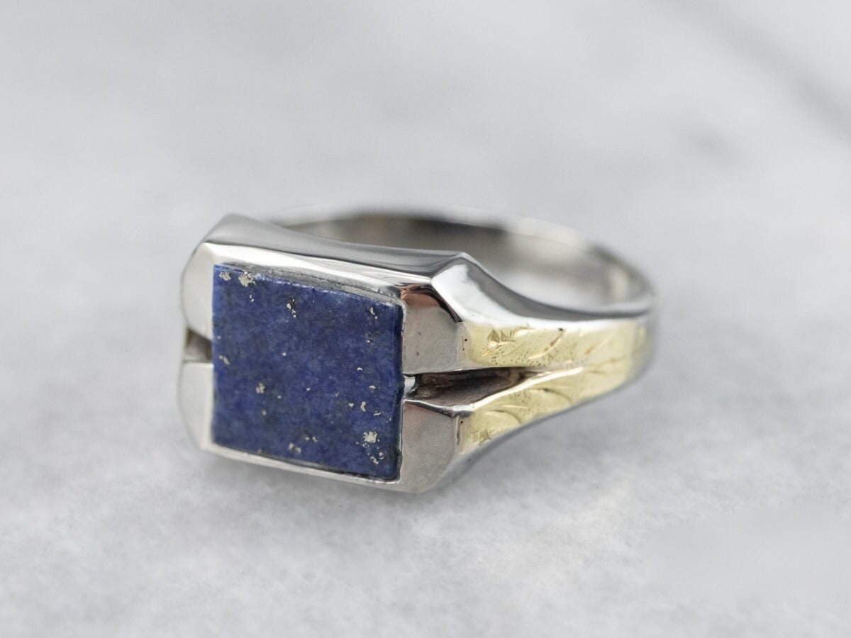 Vintage Lapis Ring, Zweifarbiger Gold Lazuli, Unisex Rechter Hand Cabochon Blauer Stein Ring Dpxl3L3C von MSJewelers