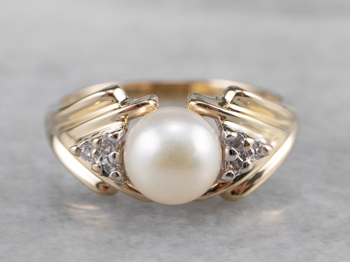 Vintage Perle Und Diamant Ring, Weiße Gelbgold Jahrestag Geschenk, Juni Geburtsstein, Geburtsstein Schmuck, Perlen Schmuck Yw6Wyfjf von MSJewelers