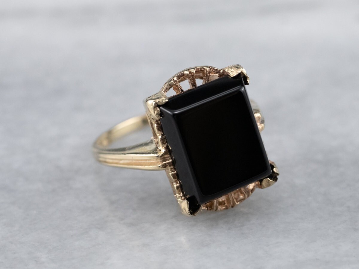 Vintage Schwarzer Onyx Ring, Damen Gelbgold Dinner Stein Schmuck P45N504P von MSJewelers