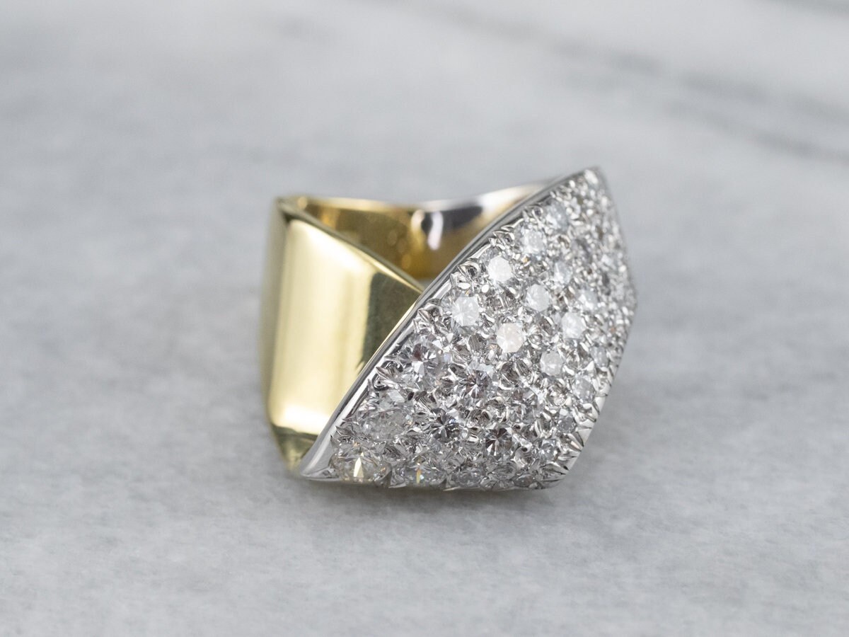 Zweifarbiger Gold Diamant Statement Ring, Moderner Cocktail Band, Jahrestag, Schmuck Ntnvqlh2 von MSJewelers