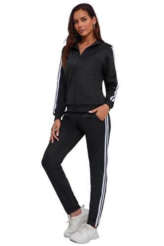 MSKBJT Jogginganzug Damen 2 Teiliges Lounge Set Trainingsanzug Frauen Streifen Sportanzug Fitnessanzug mit Taschen Black-S von MSKBJT