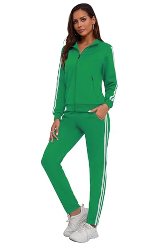 MSKBJT Jogginganzug Damen 2 Teiliges Lounge Set Trainingsanzug Frauen Streifen Sportanzug Fitnessanzug mit Taschen Green-XXL von MSKBJT