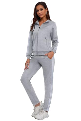 MSKBJT Jogginganzug Damen 2 Teiliges Lounge Set Trainingsanzug Frauen Streifen Sportanzug Fitnessanzug mit Taschen Grey-XL von MSKBJT