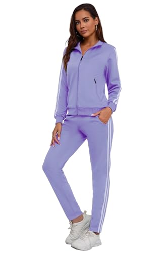 MSKBJT Jogginganzug Damen 2 Teiliges Lounge Set Trainingsanzug Frauen Streifen Sportanzug Fitnessanzug mit Taschen Purple-S von MSKBJT