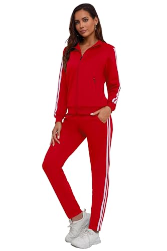 MSKBJT Jogginganzug Damen 2 Teiliges Lounge Set Trainingsanzug Frauen Streifen Sportanzug Fitnessanzug mit Taschen Red2-XL von MSKBJT