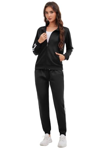 MSKBJT Jogginganzug Damen Trainingsanzug Zweiteiler Sportanzug mit Reißverschluss – Bequemer Freizeitanzug für Fitness W001-Black-L von MSKBJT
