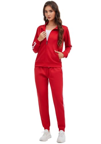 MSKBJT Jogginganzug Damen Trainingsanzug Zweiteiler Sportanzug mit Reißverschluss – Bequemer Freizeitanzug für Fitness W001-Red-L von MSKBJT