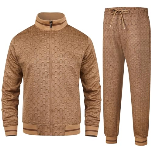 MSKBJT Jogginganzug Herren Set Trainingsanzug Sportanzug Langarm Freizeitanzug Männer Tracksuit mit Reißverschlusstaschen Brown-L von MSKBJT