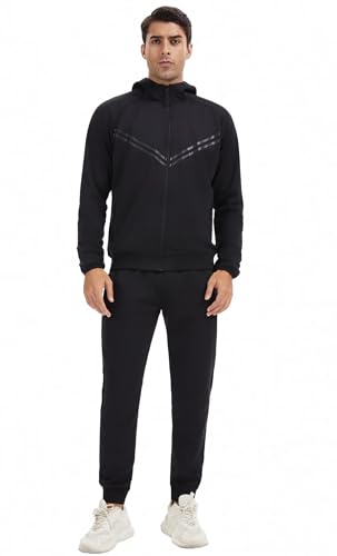 MSKBJT Trainingsanzug Herren Set mit Kapuze – Jogginganzug Sportanzug Freizeitanzug aus Polyester, Langarm Hoodie W002-Black-XXL von MSKBJT