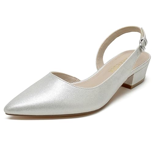 MSKFZEK Damen Low Heel Slingback Pumps, Silber Glitter, 39 EU MSKFZEK Damen Low Heel Slingback Pumps, Silber Glitter, 39 EU von MSKFZEK